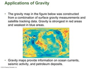 Applications of Gravity
• The gravity map in the figure below was constructed
from a combination of surface gravity measurements and
satellite tracking data. Gravity is strongest in red areas
and weakest in blue areas.
• Gravity maps provide information on ocean currents,
seismic activity, and petroleum deposits.
© 2014 Pearson Education, Inc.
 