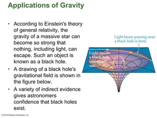 Applications of Gravity
• According to Einstein's theory
of general relativity, the
gravity of a massive star can
become so strong that
nothing, including light, can
escape. Such an object is
known as a black hole.
• A drawing of a black hole's
gravitational field is shown in
the figure below.
• A variety of indirect evidence
gives astronomers
confidence that black holes
exist.
© 2014 Pearson Education, Inc.
 