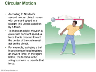 Circular Motion
• According to Newton's
second law, an object moves
with constant speed in a
straight line unless acted on
by a force.
• To make an object move in a
circle with constant speed, a
force that is directed toward
the center of the circle must
act on the object.
• For example, swinging a ball
in a circle overhead requires
an inward force. In the figure
below, the tension in the
string is shown to provide that
force.
© 2014 Pearson Education, Inc.
 
