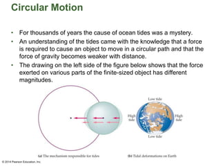 Circular Motion
• For thousands of years the cause of ocean tides was a mystery.
• An understanding of the tides came with the knowledge that a force
is required to cause an object to move in a circular path and that the
force of gravity becomes weaker with distance.
• The drawing on the left side of the figure below shows that the force
exerted on various parts of the finite-sized object has different
magnitudes.
© 2014 Pearson Education, Inc.
 