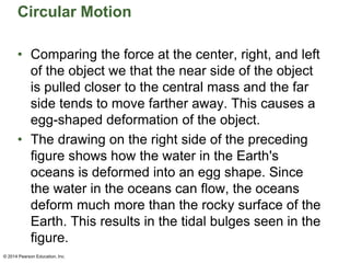 Circular Motion
• Comparing the force at the center, right, and left
of the object we that the near side of the object
is pulled closer to the central mass and the far
side tends to move farther away. This causes a
egg-shaped deformation of the object.
• The drawing on the right side of the preceding
figure shows how the water in the Earth's
oceans is deformed into an egg shape. Since
the water in the oceans can flow, the oceans
deform much more than the rocky surface of the
Earth. This results in the tidal bulges seen in the
figure.
© 2014 Pearson Education, Inc.
 
