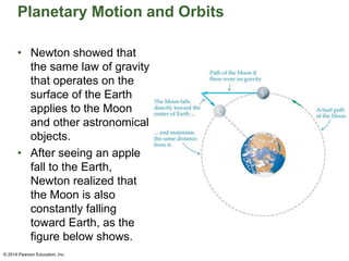 Planetary Motion and Orbits
• Newton showed that
the same law of gravity
that operates on the
surface of the Earth
applies to the Moon
and other astronomical
objects.
• After seeing an apple
fall to the Earth,
Newton realized that
the Moon is also
constantly falling
toward Earth, as the
figure below shows.
© 2014 Pearson Education, Inc.
 