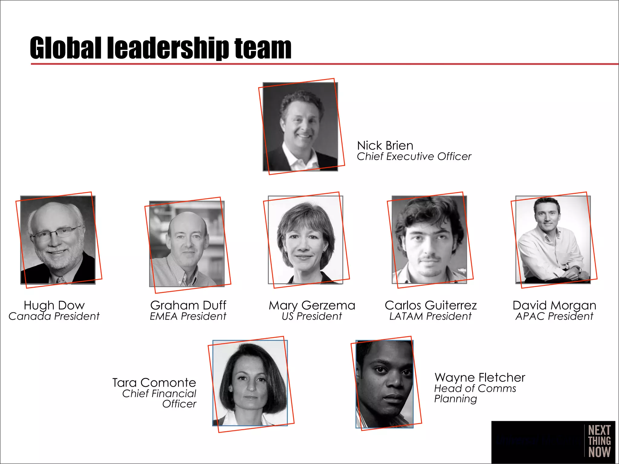 Global leadership team


                                                          Nick Brien
                                                          Chief Executive Officer




  Hugh Dow                Graham Duff     Mary Gerzema         Carlos Guiterrez      David Morgan
Canada President         EMEA President    US President         LATAM President      APAC President




                   Tara Comonte                                          Wayne Fletcher
                                                                         Head of Comms
                    Chief Financial                                      Planning
                             Officer
 