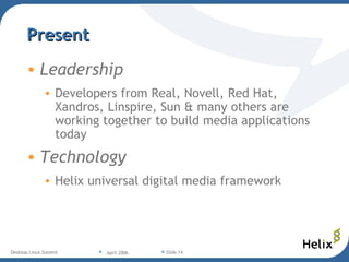Present Leadership  Developers from Real, Novell, Red Hat, Xandros, Linspire, Sun & many others are working together to build media applications today Technology  Helix universal digital media framework 