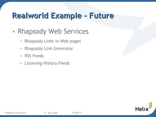 Realworld Example - Future Rhapsody Web Services Rhapsody Links in Web pages Rhapsody Link Generator RSS Feeds Listening History Feeds 