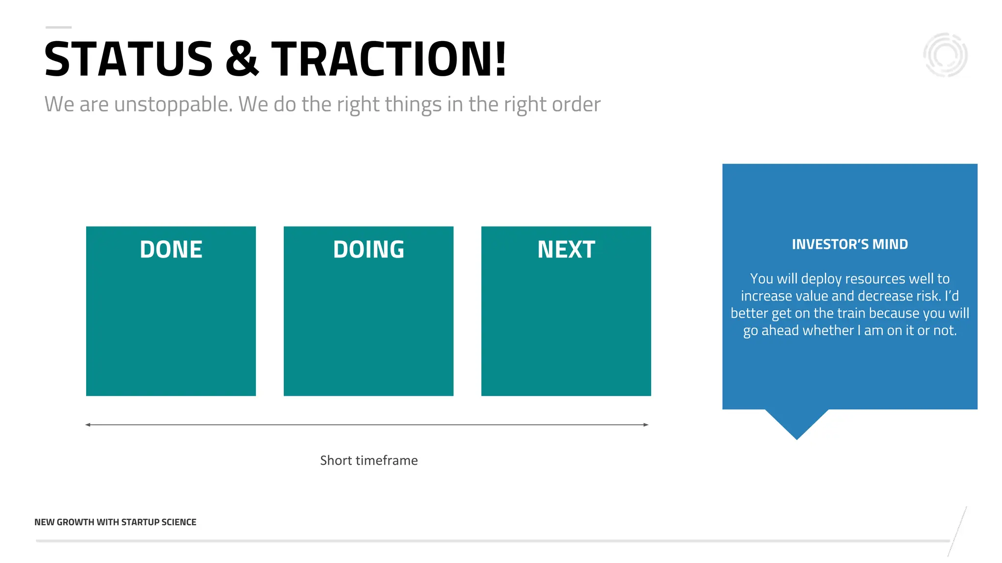 v
NEW GROWTH WITH STARTUP SCIENCE
We are unstoppable. We do the right things in the right order
STATUS & TRACTION!
INVESTOR’S MIND
You will deploy resources well to
increase value and decrease risk. I’d
better get on the train because you will
go ahead whether I am on it or not.
DONE DOING NEXT
Short timeframe
 