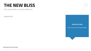 v
NEW GROWTH WITH STARTUP SCIENCE
THE NEW BLISS
Restate UVP?
INVESTOR’S MIND
I want to talk more to these people...
The world with us will be different
 