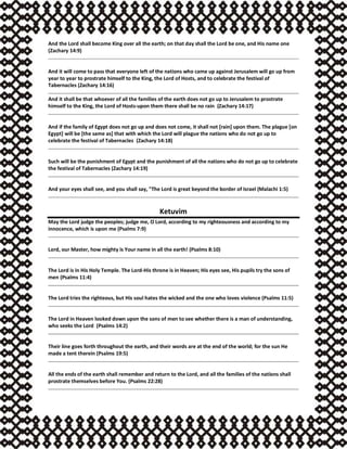 And the Lord shall become King over all the earth; on that day shall the Lord be one, and His name one
(Zachary 14:9)
And it will come to pass that everyone left of the nations who came up against Jerusalem will go up from
year to year to prostrate himself to the King, the Lord of Hosts, and to celebrate the festival of
Tabernacles (Zachary 14:16)
And it shall be that whoever of all the families of the earth does not go up to Jerusalem to prostrate
himself to the King, the Lord of Hosts-upon them there shall be no rain (Zachary 14:17)
And if the family of Egypt does not go up and does not come, it shall not [rain] upon them. The plague [on
Egypt] will be [the same as] that with which the Lord will plague the nations who do not go up to
celebrate the festival of Tabernacles (Zachary 14:18)
Such will be the punishment of Egypt and the punishment of all the nations who do not go up to celebrate
the festival of Tabernacles (Zachary 14:19)
And your eyes shall see, and you shall say, "The Lord is great beyond the border of Israel (Malachi 1:5)
Ketuvim
May the Lord judge the peoples; judge me, O Lord, according to my righteousness and according to my
innocence, which is upon me (Psalms 7:9)
Lord, our Master, how mighty is Your name in all the earth! (Psalms 8:10)
The Lord is in His Holy Temple. The Lord-His throne is in Heaven; His eyes see, His pupils try the sons of
men (Psalms 11:4)
The Lord tries the righteous, but His soul hates the wicked and the one who loves violence (Psalms 11:5)
The Lord in Heaven looked down upon the sons of men to see whether there is a man of understanding,
who seeks the Lord (Psalms 14:2)
Their line goes forth throughout the earth, and their words are at the end of the world; for the sun He
made a tent therein (Psalms 19:5)
All the ends of the earth shall remember and return to the Lord, and all the families of the nations shall
prostrate themselves before You. (Psalms 22:28)
 