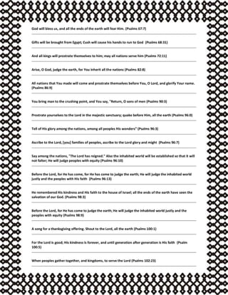 God will bless us, and all the ends of the earth will fear Him. (Psalms 67:7)
Gifts will be brought from Egypt; Cush will cause his hands to run to God (Psalms 68:31)
And all kings will prostrate themselves to him; may all nations serve him (Psalms 72:11)
Arise, O God, judge the earth, for You inherit all the nations (Psalms 82:8)
All nations that You made will come and prostrate themselves before You, O Lord, and glorify Your name.
(Psalms 86:9)
You bring man to the crushing point, and You say, "Return, O sons of men (Psalms 90:3)
Prostrate yourselves to the Lord in the majestic sanctuary; quake before Him, all the earth (Psalms 96:0)
Tell of His glory among the nations, among all peoples His wonders” (Psalms 96:3)
Ascribe to the Lord, [you] families of peoples, ascribe to the Lord glory and might (Psalms 96:7)
Say among the nations, "The Lord has reigned." Also the inhabited world will be established so that it will
not falter; He will judge peoples with equity (Psalms 96:10)
Before the Lord, for He has come, for He has come to judge the earth; He will judge the inhabited world
justly and the peoples with His faith (Psalms 96:13)
He remembered His kindness and His faith to the house of Israel; all the ends of the earth have seen the
salvation of our God. (Psalms 98:3)
Before the Lord, for He has come to judge the earth; He will judge the inhabited world justly and the
peoples with equity (Psalms 98:9)
A song for a thanksgiving offering. Shout to the Lord, all the earth (Psalms 100:1)
For the Lord is good; His kindness is forever, and until generation after generation is His faith (Psalm
100:5)
When peoples gather together, and kingdoms, to serve the Lord (Psalms 102:23)
 