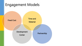 Fixed Cost
Development
Center
Time and
Material
Partnership
Engagement Models
 
