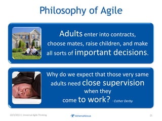 Philosophy of Agile
Adults enter into contracts,
choose mates, raise children, and make
all sorts of important decisions.
Why do we expect that those very same
adults need close supervision
when they
come to work? ~ Esther Derby
10/3/2013 | Universal Agile Thinking 25
 