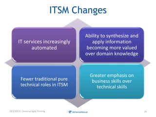 ITSM Changes
IT services increasingly
automated
Ability to synthesize and
apply information
becoming more valued
over domain knowledge
Fewer traditional pure
technical roles in ITSM
Greater emphasis on
business skills over
technical skills
10/3/2013 | Universal Agile Thinking 29
 