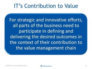 IT’s Contribution to Value
For strategic and innovative efforts,
all parts of the business need to
participate in defining and
delivering the desired outcomes in
the context of their contribution to
the value management chain
10/3/2013 | Universal Agile Thinking 32
 