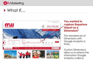 What If… 
You wanted to 
capture Departure 
Airport as a 
Dimension? 
The standard set of 
Dimensions with 
Google Analytics is 
finite. 
Custom Dimensions 
allow us to extend the 
information Google 
Analytics collects. 
 