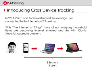 Introducing Cross Device Tracking 
In 2013, Cisco and Sophos estimated the average user 
connected to the internet on 2.9 devices. 
With “The Internet of Things” more of our everyday household 
items are becoming internet enabled and this with Classic 
Analytics caused a problem: 
3 Sessions 
3 Users 
 