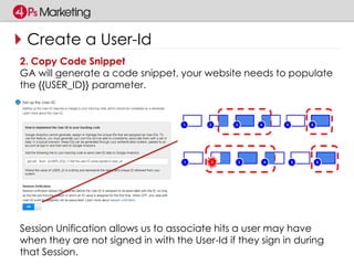 Create a User-Id 
2. Copy Code Snippet 
GA will generate a code snippet, your website needs to populate 
the {{USER_ID}} parameter. 
Session Unification allows us to associate hits a user may have 
when they are not signed in with the User-Id if they sign in during 
that Session. 
 