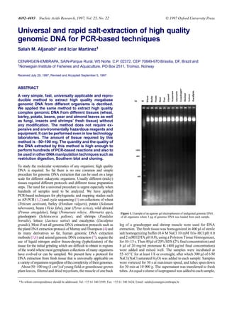 4692–4693 Nucleic Acids Research, 1997, Vol. 25, No. 22                                                          © 1997 Oxford University Press


Universal and rapid salt-extraction of high quality
genomic DNA for PCR-based techniques
Salah M. Aljanabi* and Iciar Martinez1

CENARGEN-EMBRAPA, SAIN-Parque Rural, W5 Norte. C.P. 02372, CEP 70849-970 Brasilia, DF, Brazil and
1Norwegian Institute of Fisheries and Aquaculture, PO Box 2511, Tromso, Norway


Received July 29, 1997; Revised and Accepted September 5, 1997



ABSTRACT

A very simple, fast, universally applicable and repro-
ducible method to extract high quality megabase
genomic DNA from different organisms is decribed.
We applied the same method to extract high quality
complex genomic DNA from different tissues (wheat,
barley, potato, beans, pear and almond leaves as well
as fungi, insects and shrimps’ fresh tissue) without
any modification. The method does not require ex-
pensive and environmentally hazardous reagents and
equipment. It can be performed even in low technology
laboratories. The amount of tissue required by this
method is ∼50–100 mg. The quantity and the quality of
the DNA extracted by this method is high enough to
perform hundreds of PCR-based reactions and also to
be used in other DNA manipulation techniques such as
restriction digestion, Southern blot and cloning.
To study the molecular systematics of any organism, high quality
DNA is required. So far there is no one common and simple
procedure for genomic DNA extraction that can be used on a large
scale for different eukaryotic organisms. Usually different (tricky)
tissues required different protocols and different tissue preparation
steps. The need for a universal procedure is urgent especially when
hundreds of samples need to be analyzed. We have applied
PCR-based techniques for phylogenetic and mapping studies such
as AP-PCR (1,2) and cycle sequencing (3) on collections of wheat
(Triticum aestivum), barley (Hordium vulgaris), potato (Solanum
tuberosum), beans (Vicia faba), pear (Pyrus syrica), wild almond
(Prunus amygdalus), fungi (Nomuraea relieye, Alternaria spp.),              Figure 1. Example of an agarose gel electrophoresis of undigested genomic DNA
grasshoppers (Schistocerca pallens), and shrimps (Pandalus                  of all organisms where 3 µg of genomic DNA was loaded from each sample.
borealis), lettuce (Lactuca sativa) and eucalyptus (Eucaliptus
grandis). Most if not all genomic DNA extraction protocols such as         leg of a grasshopper and shrimp muscle were used for DNA
the plant DNA extraction protocol of Murray and Thompson (4) and           extraction. The fresh tissue was homogenized in 400 µl of sterile
its many derivatives so far, human genomic DNA extraction                  salt homogenizing buffer (0.4 M NaCl 10 mM Tris–HCl pH 8.0
methods (5,6) and animal genomic DNA extraction (7), require the           and 2 mM EDTA pH 8.0), using a Polytron Tissue Homogenizer,
use of liquid nitrogen and/or freeze-drying (lypholization) of the         for 10–15 s. Then 40 µl of 20% SDS (2% final concentration) and
tissue for the initial grinding which are difficult to obtain in regions   8 µl of 20 mg/ml protenase K (400 µg/ml final concentration)
of the world where most germplasm collections of many organisms            were added and mixed well. The samples were incubated at
have evolved or can be sampled. We present here a protocol for             55–65_C for at least 1 h or overnight, after which 300 µl of 6 M
DNA extraction from fresh tissue that is universally applicable on         NaCl (NaCl saturated H2O) was added to each sample. Samples
a variety of organisms regardless of the complexity of their genomes.      were vortexed for 30 s at maximum speed, and tubes spun down
   About 50–100 mg (1 cm2) of young field or greenhouse-grown              for 30 min at 10 000 g. The supernatant was transferred to fresh
plant leaves, filtered and dried mycelium, the muscle of one back          tubes. An equal volume of isopropanol was added to each sample,

*To whom correspondence should be addressed. Tel: +55 61 340 3589; Fax: +55 61 340 3624; Email: salah@cenargen.embrapa.br
 