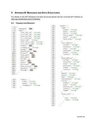 Page 20 of 23
9 APPENDIX B: MESSAGES AND DATA STRUCTURES
For details on the API interfaces and data structures please see the universal API interface at
http://api.remitbroker.com/v1/interface
9.1 TRANSACTION REQUEST
 