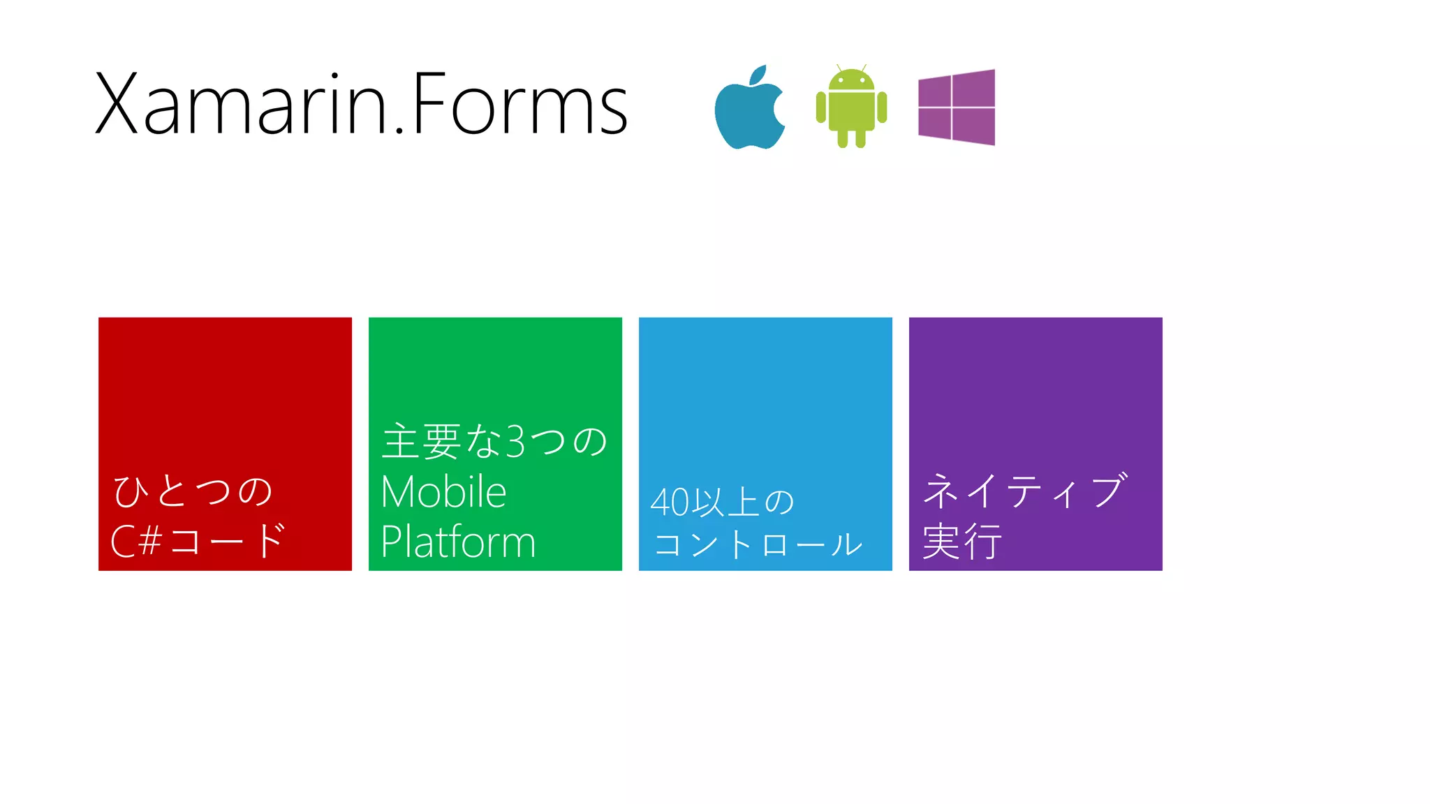 Xamarin.Forms 
ネイティブ 
実行 
ひとつの 
C#コード 
主要な3つの 
Mobile 
Platform 
40以上の 
コントロール  
