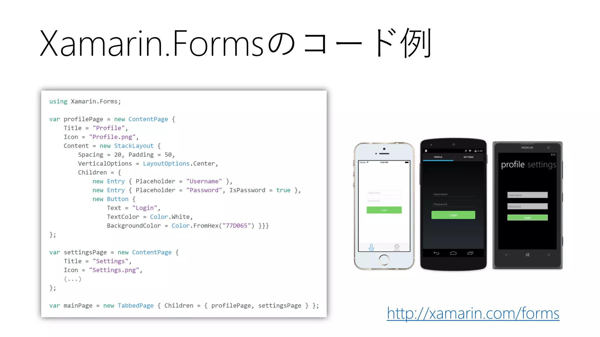 Xamarin.Formsのコード例 
http://xamarin.com/forms  