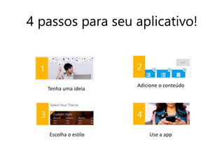 4 passos para seu aplicativo! 
Tenha uma ideia 
Adicione o conteúdo 
Escolha o estilo Use a app 
 