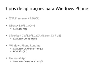 Tipos de aplicações para Windows Phone 
 XNA Framework 7.0 (C#) 
 DirectX 8.0/8.1 (C++) 
 XAML (ou não) 
 Silverlight 7.x/8.0/8.1 (XAML com C# / VB) 
 XAML com C++ no 8.0/8.1 
 Windows Phone Runtime 
 XAML com C#, VB ou C++ no 8.0 
 HTML5/JS (8.1) 
 Universal App 
 XAML com C# ou C++, HTML5/JS 
 