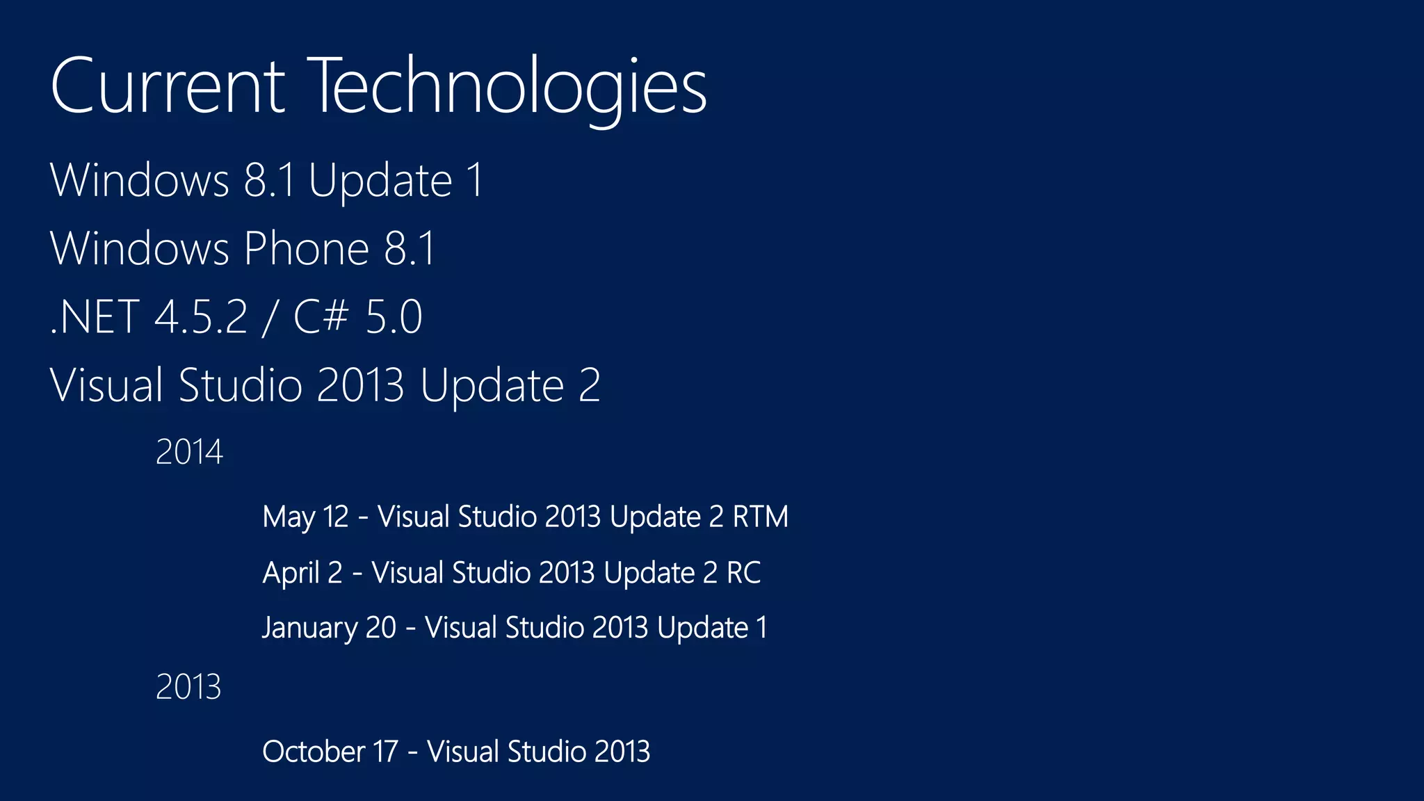Current Technologies
Windows 8.1 Update 1
Windows Phone 8.1
.NET 4.5.2 / C# 5.0
Visual Studio 2013 Update 2
2014
May 12 - Visual Studio 2013 Update 2 RTM
April 2 - Visual Studio 2013 Update 2 RC
January 20 - Visual Studio 2013 Update 1
2013
October 17 - Visual Studio 2013