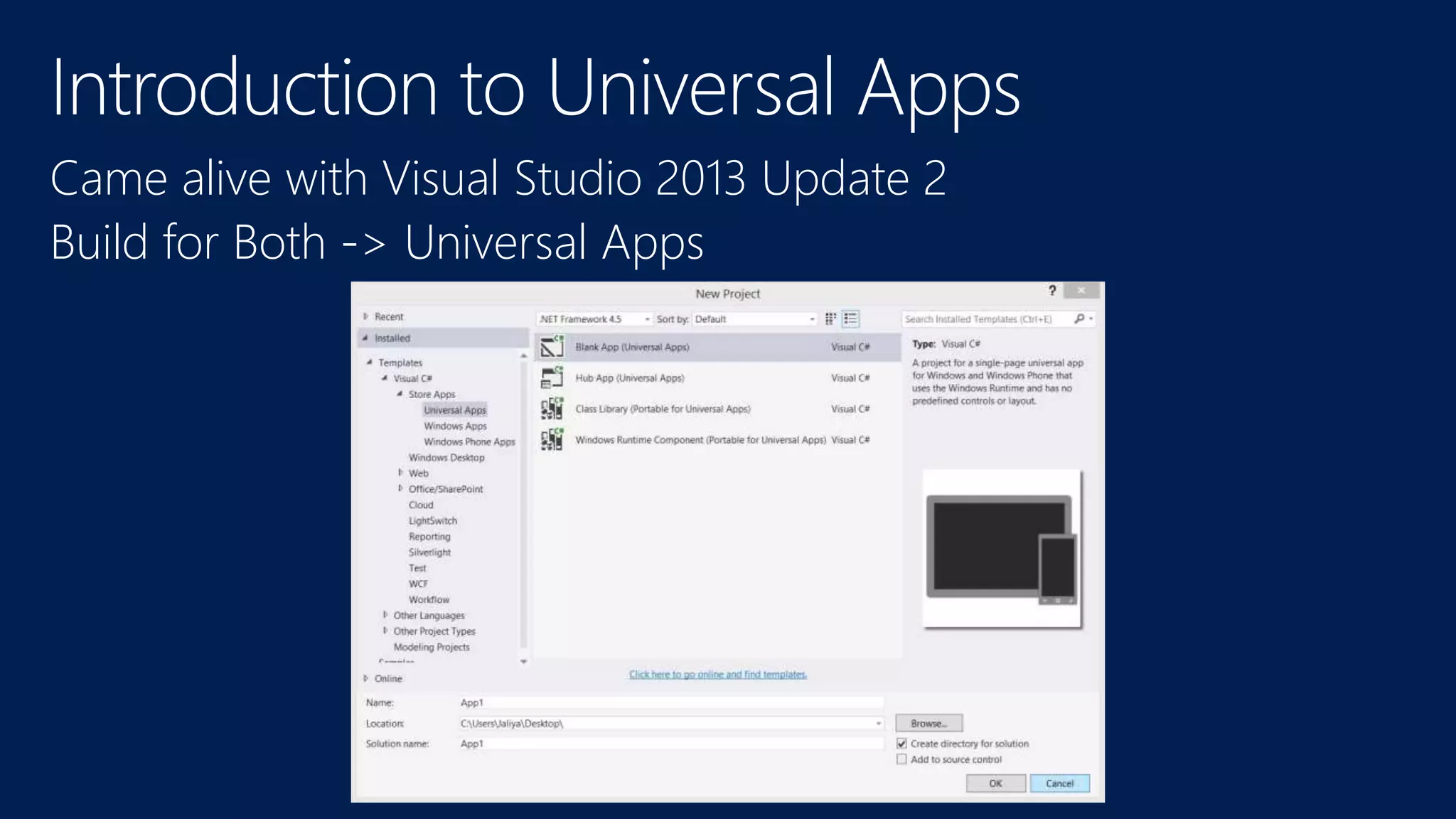 Introduction to Universal Apps
Came alive with Visual Studio 2013 Update 2
Build for Both -> Universal Apps