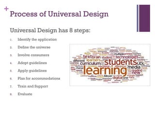 +
    Process of Universal Design

    Universal Design has 8 steps:
    1.   Identify the application

    2.   Define the universe

    3.   Involve consumers

    4.   Adopt guidelines

    5.   Apply guidelines

    6.   Plan for accommodations

    7.   Train and Support

    8.   Evaluate
 