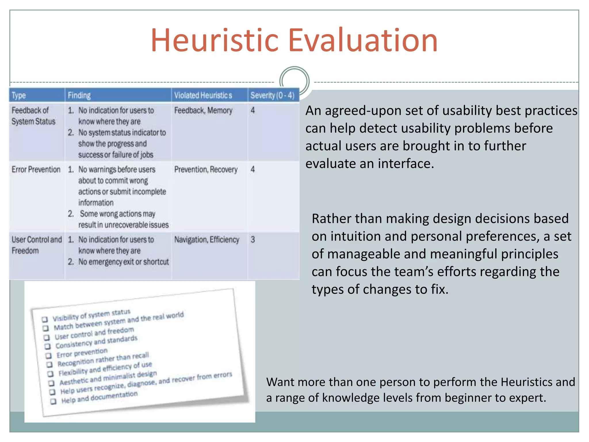 Heuristic Evaluation
Rather than making design decisions based
on intuition and personal preferences, a set
of manageable and meaningful principles
can focus the team’s efforts regarding the
types of changes to fix.
Want more than one person to perform the Heuristics and
a range of knowledge levels from beginner to expert.
An agreed-upon set of usability best practices
can help detect usability problems before
actual users are brought in to further
evaluate an interface.
 
