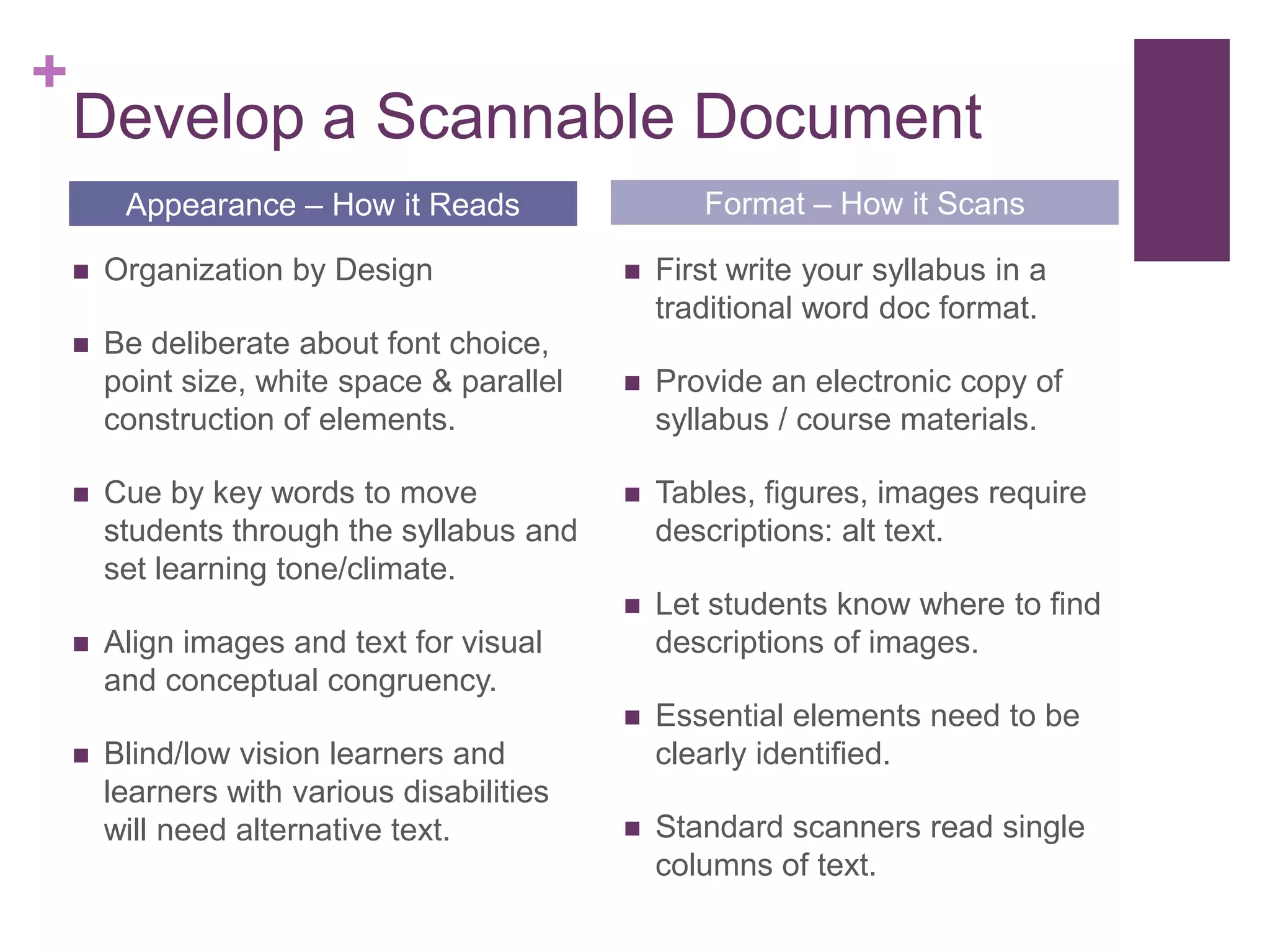 +
Develop a Scannable Document
 Organization by Design
 Be deliberate about font choice,
point size, white space & parallel
construction of elements.
 Cue by key words to move
students through the syllabus and
set learning tone/climate.
 Align images and text for visual
and conceptual congruency.
 Blind/low vision learners and
learners with various disabilities
will need alternative text.
 First write your syllabus in a
traditional word doc format.
 Provide an electronic copy of
syllabus / course materials.
 Tables, figures, images require
descriptions: alt text.
 Let students know where to find
descriptions of images.
 Essential elements need to be
clearly identified.
 Standard scanners read single
columns of text.
Appearance – How it Reads Format – How it Scans
 