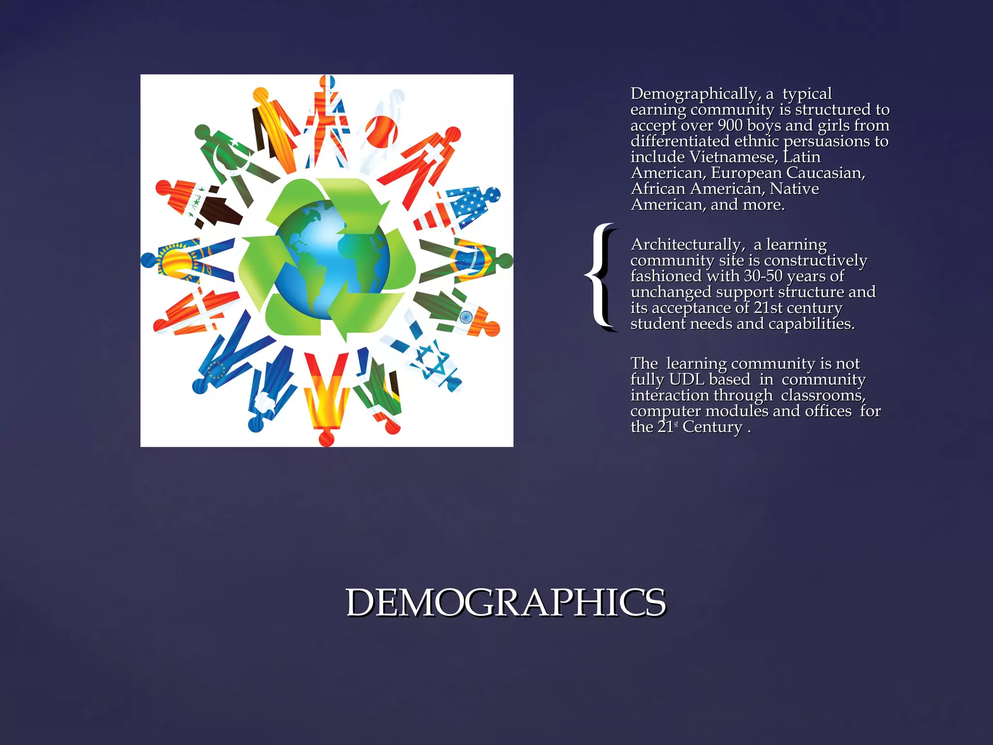 {{
Demographically, a typicalDemographically, a typical
earning community is structured toearning community is structured to
accept over 900 boys and girls fromaccept over 900 boys and girls from
differentiated ethnic persuasions todifferentiated ethnic persuasions to
include Vietnamese, Latininclude Vietnamese, Latin
American, European Caucasian,American, European Caucasian,
African American, NativeAfrican American, Native
American, and more.American, and more.
Architecturally, a learningArchitecturally, a learning
community site is constructivelycommunity site is constructively
fashioned with 30-50 years offashioned with 30-50 years of
unchanged support structure andunchanged support structure and
its acceptance of 21st centuryits acceptance of 21st century
student needs and capabilities.student needs and capabilities.
The learning community is notThe learning community is not
fully UDL based in communityfully UDL based in community
interaction through classrooms,interaction through classrooms,
computer modules and offices forcomputer modules and offices for
the 21the 21stst
Century .Century .
DEMOGRAPHICSDEMOGRAPHICS
 