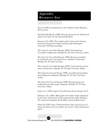 Appendix
               Resource List


             Best, D. (1993). Creating homes to last a lifetime. Home Magazine,
             39 (1), 48-54.

             Boetticher-Raschko, B. (1982). Housing interiors for the disabled and
             elderly. New York, NY: Van Nostrand Reinhold.

             Branson, G.D. (1991). The complete guide to barrier free housing:
             Convenient living for the elderly and physically handicapped.
             Cincinnati, OH: Betterway Books.

             The Center for Accessible Housing. (1993). Financing home
             accessibility modifications. Raleigh, NC: NC State University, Author.

             The Center for Accessible Housing. (1993). Housing accessibility
             for individuals with visual impairment or blindness: Final report.
             Raleigh, NC: NC State University.

             The Center for Accessible Housing. (1993). Universal decks, porches,
             patios, and balconies. Raleigh, NC: NC State University, Author.

             The Center for Universal Design. (1998). Accessible housing designs
             and modifications (Infopack). Raleigh, NC: NC State University,
             Author.

             The Center for Universal Design. (1998). Housing designs and
             modifications for older people. (Infopack). Raleigh, NC: NC State
             University, Author.

             Cohen, E. L. (1992, August). Graceful living. Interior Design, 64-71.

             Dickman, I. R., (1983). Making life more livable: Simple adaptations
             for the homes of blind and visually impaired older people. Brooklyn,
             NY: American Foundation for the Blind, American Book Center.

             Donio, P.J. (1997, June). Tailor-fit kitchens: Some universal ways to
             make your kitchen suit you and the way you live. Today’s Homeowner,
             66-71.



                            A-7
The Universal Design File         THE CENTER FOR UNIVERSAL DESIGN
 