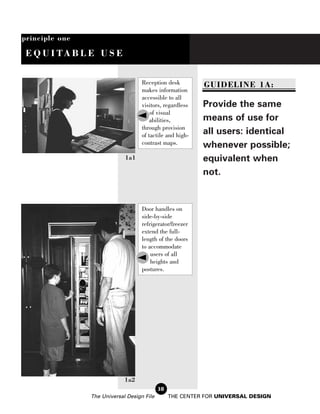 principle one

 E Q U I TA B L E U S E


                                    Reception desk         GUIDELINE 1A:
                                    makes information
                                    accessible to all
                                    visitors, regardless   Provide the same
                                        of visual
                                       abilities,          means of use for
                                    through provision
                                    of tactile and high-   all users: identical
                                    contrast maps.         whenever possible;
                             1a1                           equivalent when
                                                           not.


                                    Door handles on
                                    side-by-side
                                    refrigerator/freezer
                                    extend the full-
                                    length of the doors
                                    to accommodate
                                        users of all
                                        heights and
                                    postures.




                             1a2
                                            38
                The Universal Design File        THE CENTER FOR UNIVERSAL DESIGN
 