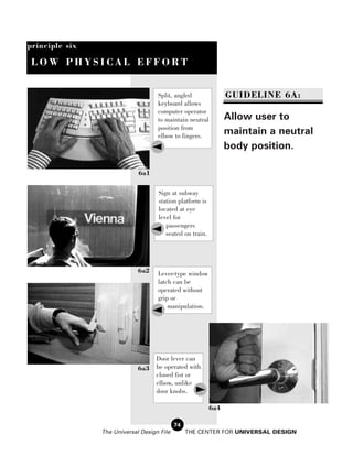 principle six

 LOW PHYSICAL EFFORT


                                    Split, angled               GUIDELINE 6A:
                                    keyboard allows
                                    computer operator
                                    to maintain neutral         Allow user to
                                    position from
                                    elbow to fingers.
                                                                maintain a neutral
                                                                body position.

                             6a1

                                    Sign at subway
                                    station platform is
                                    located at eye
                                    level for
                                       passengers
                                       seated on train.




                             6a2    Lever-type window
                                    latch can be
                                    operated without
                                    grip or
                                        manipulation.




                                 Door lever can
                             6a3 be operated with
                                 closed fist or
                                 elbow, unlike
                                 door knobs.

                                                          6a4

                                            74
                The Universal Design File        THE CENTER FOR UNIVERSAL DESIGN
 