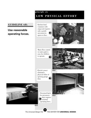 principle six

                            LOW PHYSICAL EFFORT


GUIDELINE 6B:                 Kitchen food
                              container with
                              snap-seal requires
Use reasonable                only a gentle
                              movement to
operating forces.             open or close.




                                                   6b1

                              Water flow control
                              in water park is
                              easy for children
                              to operate.




                              Electric power       6b2
                              eliminates
                              physical effort of
                              opening garage
                              door.




                                  Oversized latch
                                  for microwave    6b3
                                     door requires
                                     minimal
                                  operating force.

                          6b4

                                         75
             The Universal Design File        THE CENTER FOR UNIVERSAL DESIGN
 