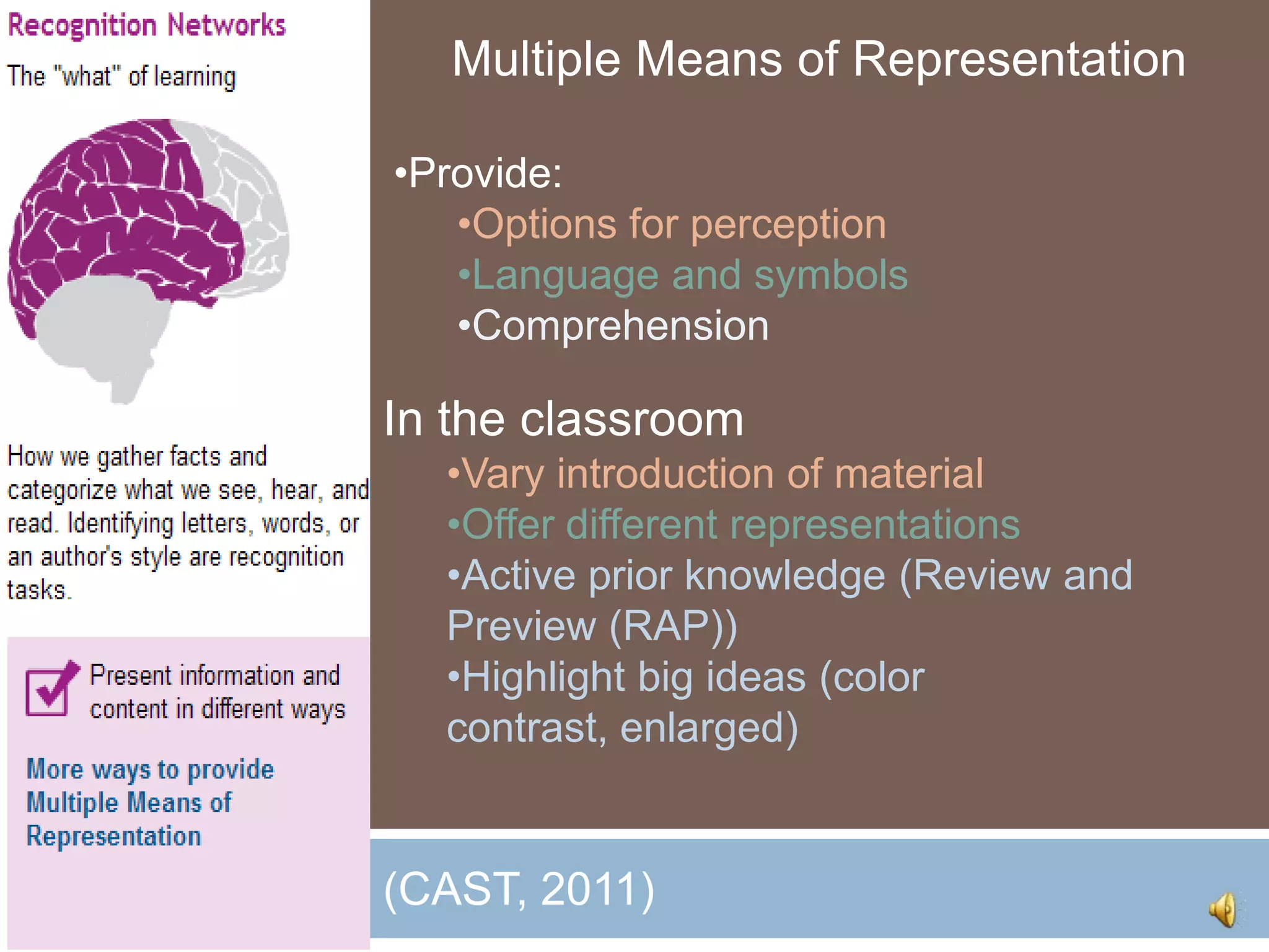 Multiple Means of Representation

•Provide:
   •Options for perception
   •Language and symbols
   •Comprehension

In the classroom
  •Vary introduction of material
  •Offer different representations
  •Active prior knowledge (Review and
  Preview (RAP))
  •Highlight big ideas (color
  contrast, enlarged)


(CAST, 2011)
 
