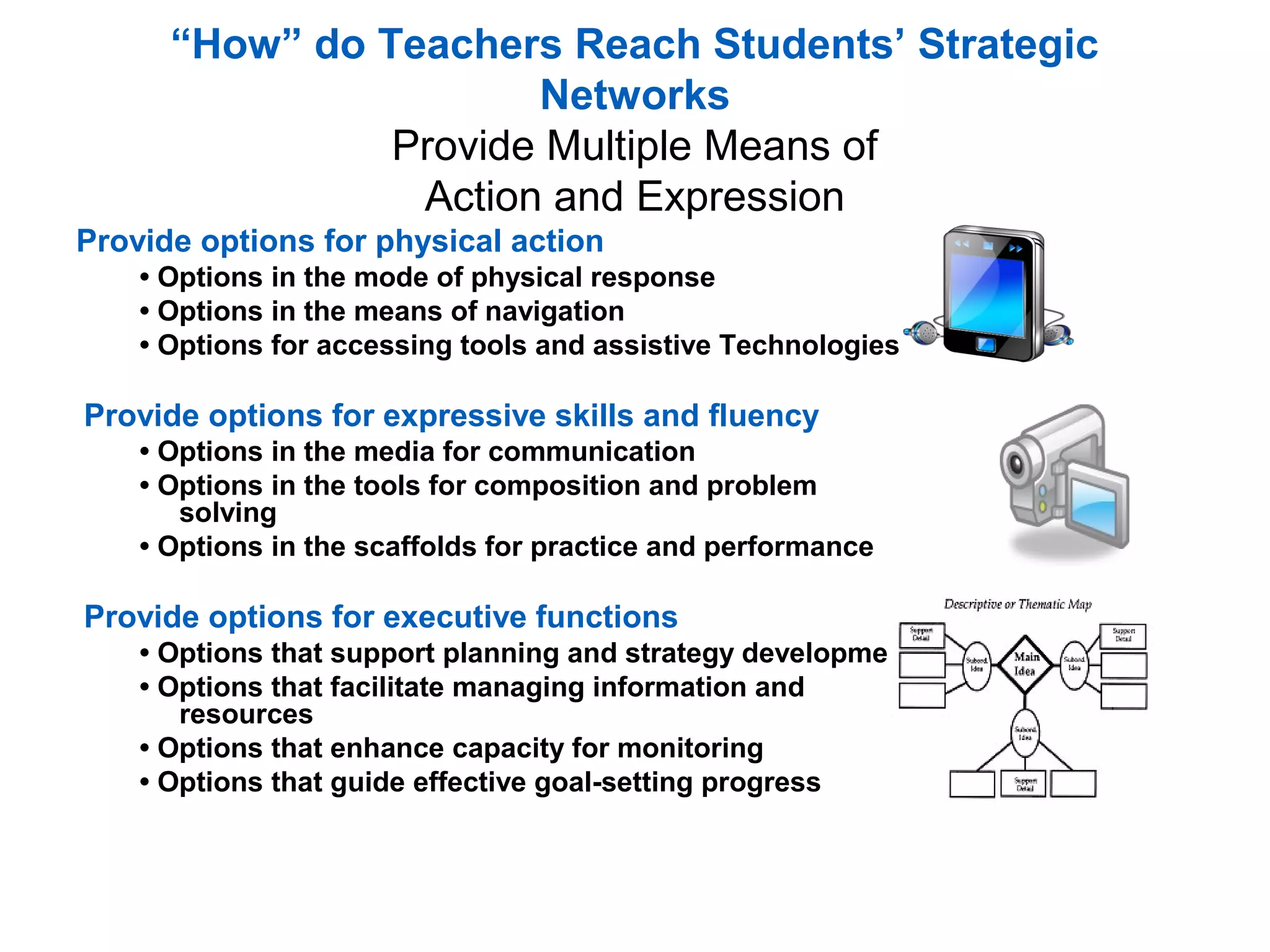 “How” do Teachers Reach Students’ Strategic
Networks
Provide Multiple Means of
Action and Expression
Provide options for physical action
• Options in the mode of physical response
• Options in the means of navigation
• Options for accessing tools and assistive Technologies
Provide options for expressive skills and fluency
• Options in the media for communication
• Options in the tools for composition and problem
solving
• Options in the scaffolds for practice and performance
Provide options for executive functions
• Options that support planning and strategy development
• Options that facilitate managing information and
resources
• Options that enhance capacity for monitoring
• Options that guide effective goal-setting progress
 