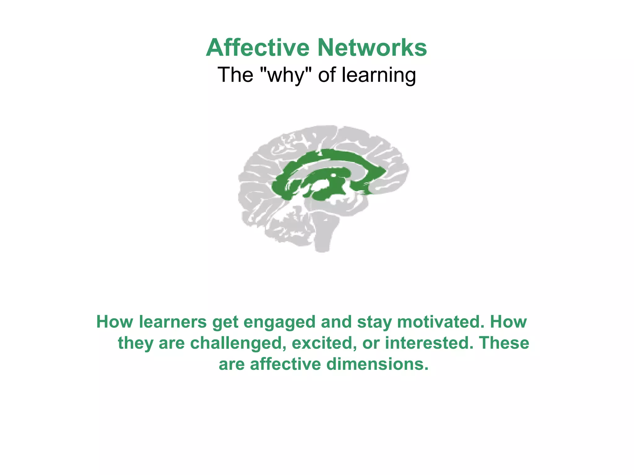 Affective Networks
The "why" of learning
How learners get engaged and stay motivated. How
they are challenged, excited, or interested. These
are affective dimensions.
 