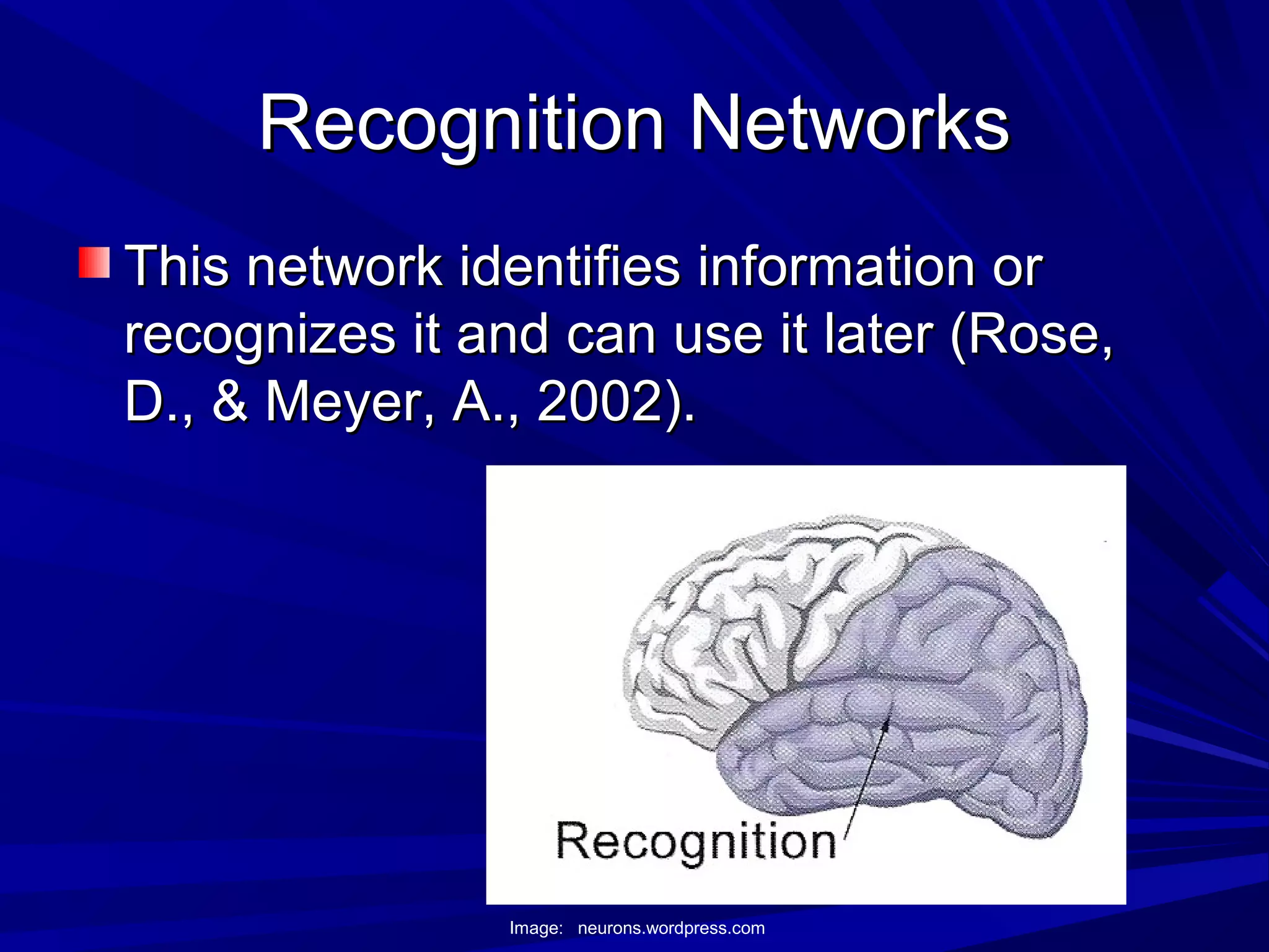Recognition NetworksRecognition Networks
This network identifies information orThis network identifies information or
recognizes it and can use it later (Rose,recognizes it and can use it later (Rose,
D., & Meyer, A., 2002).D., & Meyer, A., 2002).
Image: neurons.wordpress.com
 