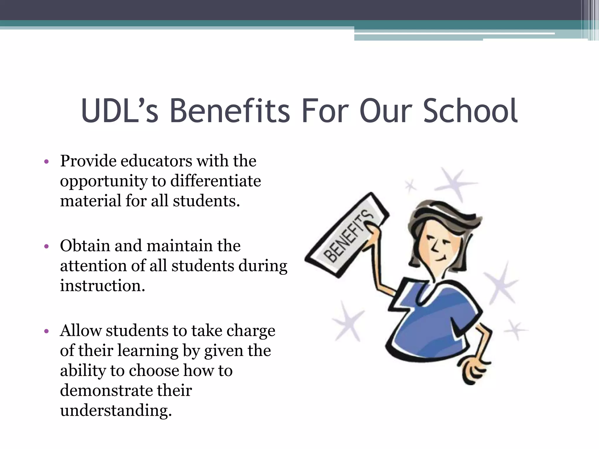 Providing alternative modes of representing understanding of new concepts allows students to express themselves.UDL, Technology, and The Networks of The BrainDr. David Rose (2011) explained that “the power of new technology is the capability to individualize instruction” (Rose, 2011).- Technology provides educators with the opportunity to reach all three networks of the brain, target information toward each student, and turn threatening material into accomplishable challenges. 