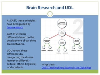 Brain Research and UDLAt CAST, these principles have been guided by brain research .Each of us learns differently based on the development of our three brain networks. UDL honors these differences by recognizing the diverse learner on all levels – cultural, ethnic, linguistic, and academic.Image credit:CAST: Teaching Every Student in the Digital Age