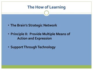 Technology  Examples to Support Principle I  When stating standards and goals, state them orally, post them in the class blog, and print them in a graphic organizer  Allow the use of text-to-speech software such as Voki for students who would like to hear text read aloud  Use Interactives 3D Geometry Shapes to provide visual comprehension of shapes in three dimensions