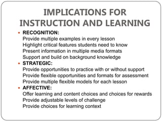 IMPLICATIONS FOR
INSTRUCTION AND LEARNING
 RECOGNITION:
  Provide multiple examples in every lesson
  Highlight critical features students need to know
  Present information in multiple media formats
  Support and build on background knowledge
 STRATEGIC:
  Provide opportunities to practice with or without support
  Provide flexible opportunities and formats for assessment
  Provide multiple flexible models for each lesson
 AFFECTIVE:
  Offer learning and content choices and choices for rewards
  Provide adjustable levels of challenge
  Provide choices for learning context
 