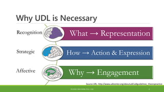 Why UDL is Necessary
Why → Engagement
What → Representation
How → Action & Expression
Affective
Recognition
Strategic
Source URL: http://www.udlcenter.org/aboutudl/udlguidelines_theorypractice
PDI 2018 | SIRUI WANG, PH.D. | CSU 4
 