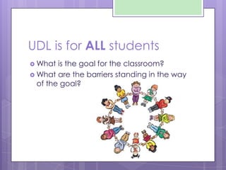 UDL is for ALL students
 What is the goal for the classroom?
 What are the barriers standing in the way
of the goal?
 