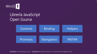 WinJS
Librería JavaScript
Open Source
Sandbox try.buildwinjs.com Questions stackoverflow.com/questions/tagged/winjs
 