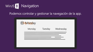 WinJS
Podemos controlar y gestionar la navegación de la app.
Navigation
My App
Monday Tuesday Wednesday
Monday
 