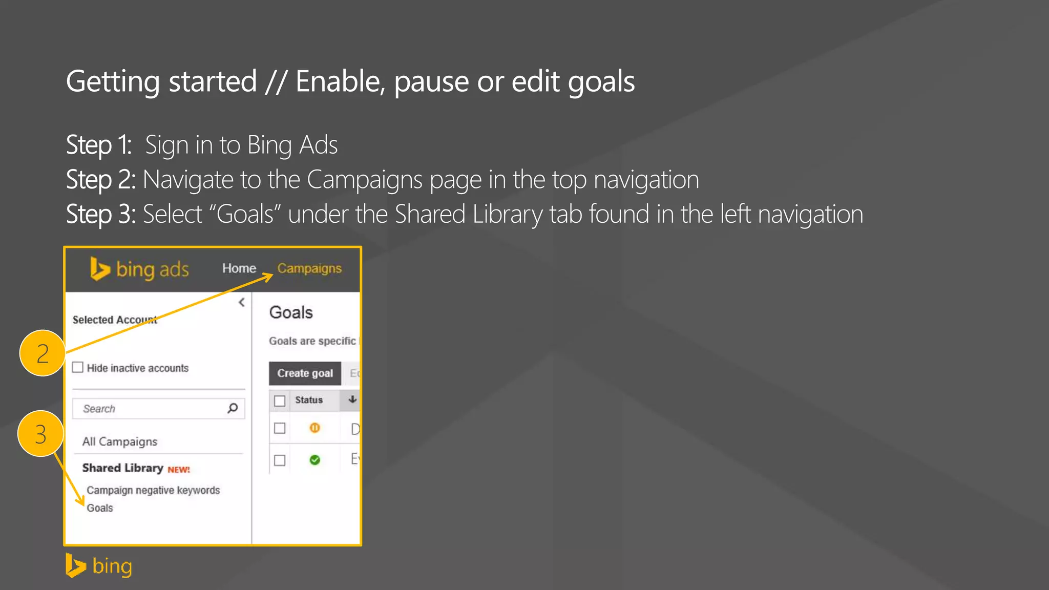 Getting started // Enable, pause or edit goals
Step 1: Sign in to Bing Ads
Step 2: Navigate to the Campaigns page in the top navigation
Step 3: Select “Goals” under the Shared Library tab found in the left navigation
2
3
 