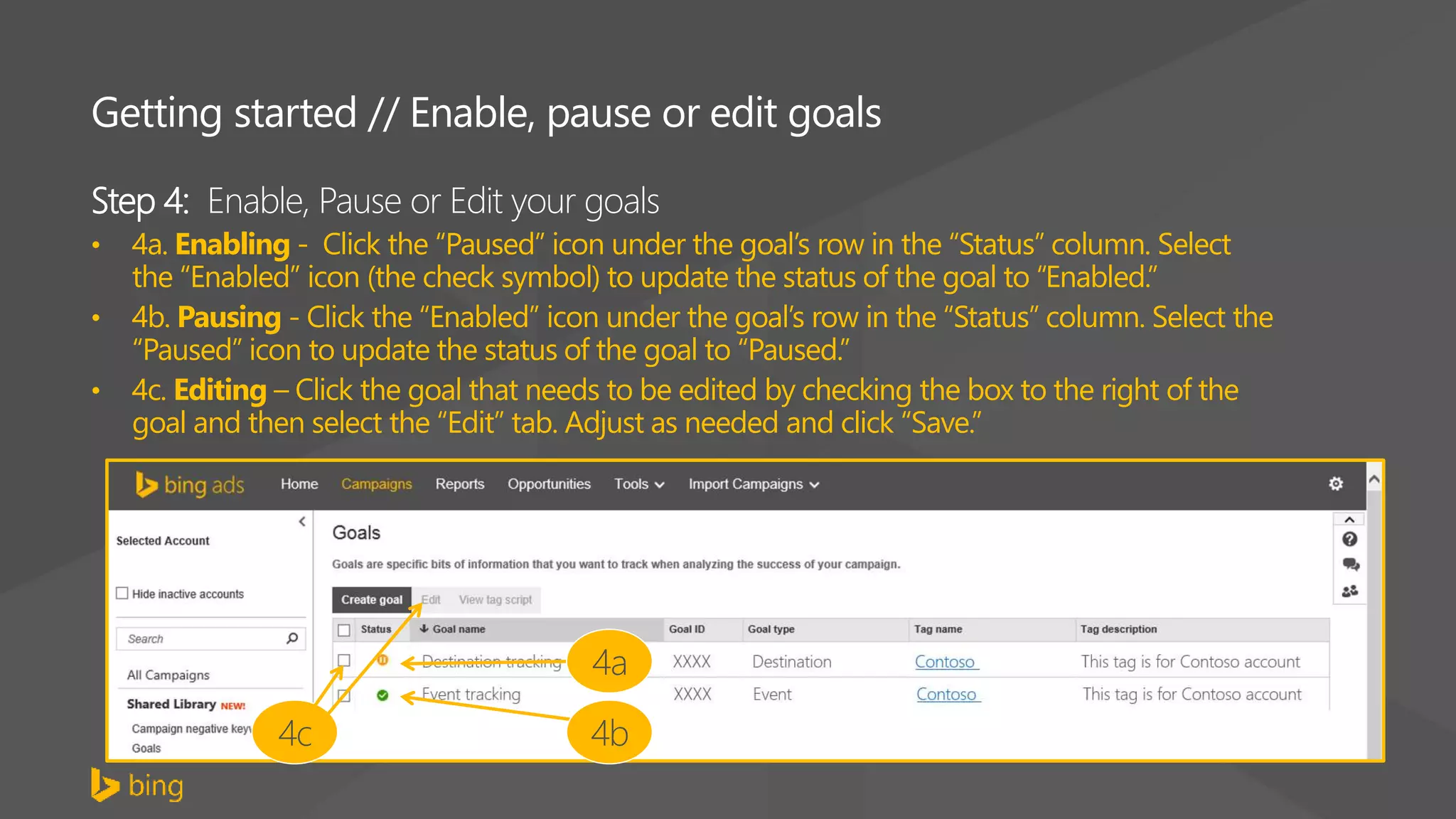 Getting started // Enable, pause or edit goals
Step 4: Enable, Pause or Edit your goals
• 4a. Enabling - Click the “Paused” icon under the goal’s row in the “Status” column. Select
the “Enabled” icon (the check symbol) to update the status of the goal to “Enabled.”
• 4b. Pausing - Click the “Enabled” icon under the goal’s row in the “Status” column. Select the
“Paused” icon to update the status of the goal to “Paused.”
• 4c. Editing – Click the goal that needs to be edited by checking the box to the right of the
goal and then select the “Edit” tab. Adjust as needed and click “Save.”
4a
4c 4b
 